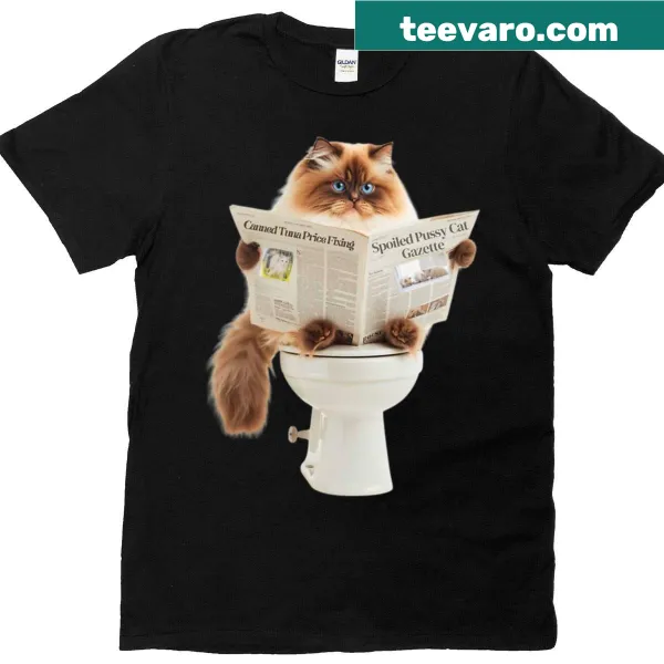 Cartoon of a Ragdoll cat reading a newspaper on the toilet