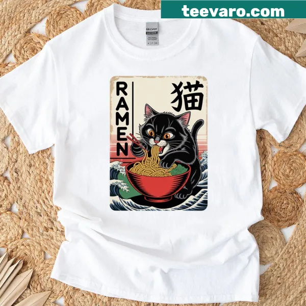 Retro cartoon t-shirt featuring a cat enjoying ramen