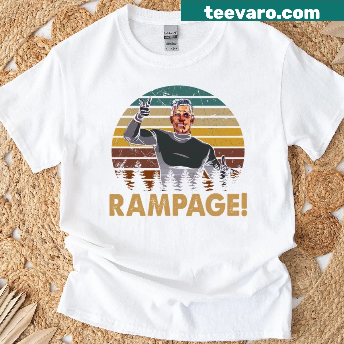 T-shirt featuring dynamic illustrations of the character Rampage from Archer. — on a men's t-shirt