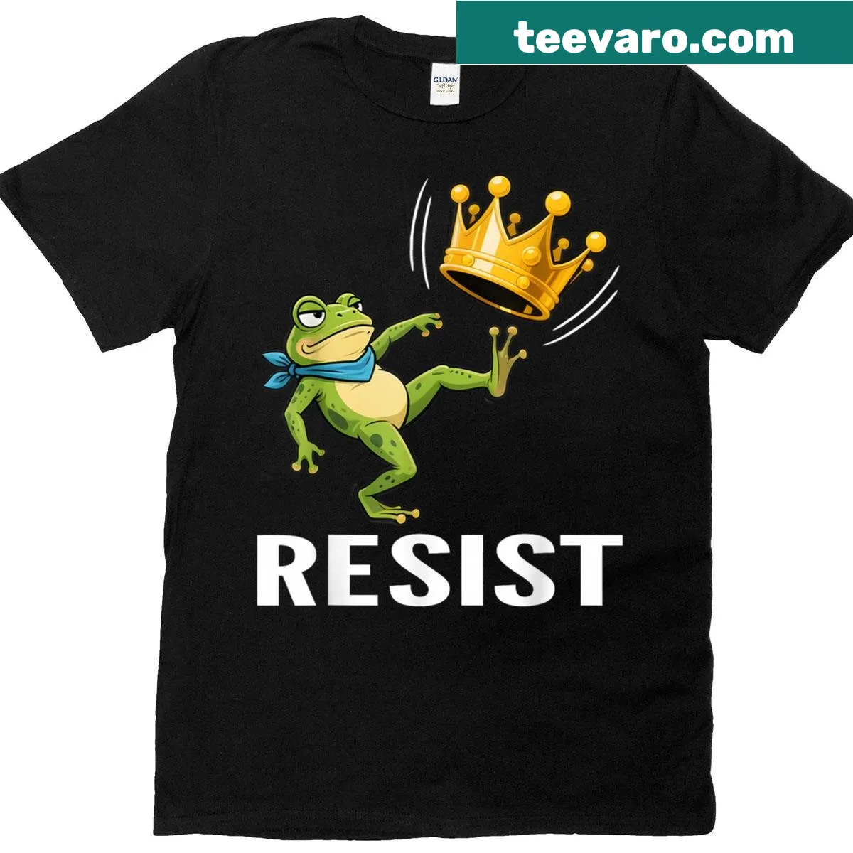 Cartoon frog graphic t-shirt promoting a funny protest message — on a men's t-shirt