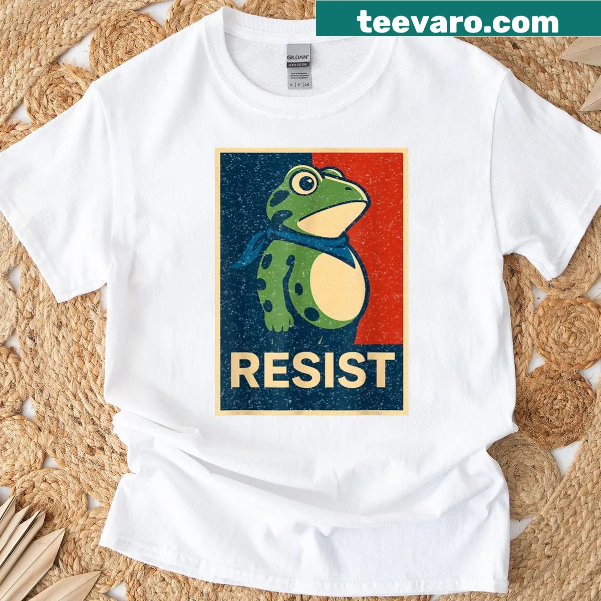 Illustration of a frog on a protest-themed t-shirt — on a men's t-shirt