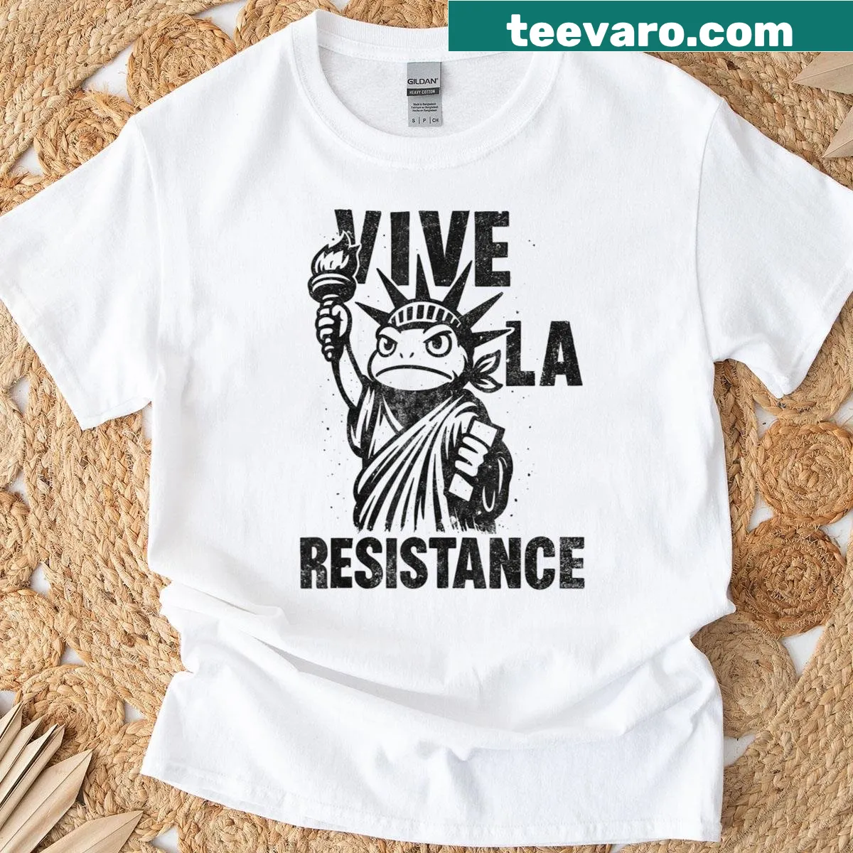Frog graphic with USA flag on a Resist Frogs Against Fascism T-shirt — on a men's t-shirt