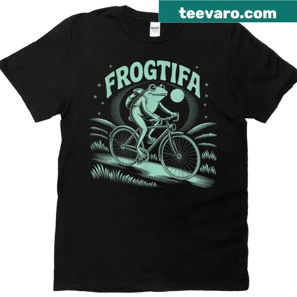 Frog on a bike with 'Frogtifa' text on a t-shirt