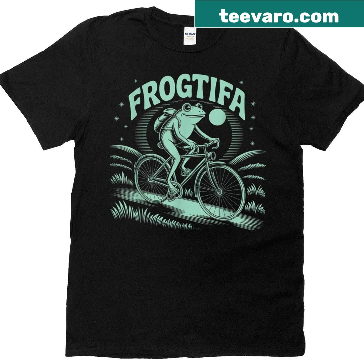 Frog on a bike with 'Frogtifa' text on a t-shirt — on a men's t-shirt