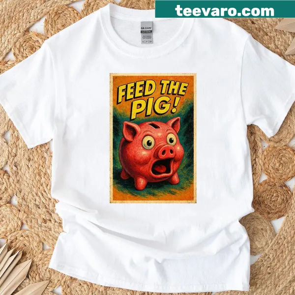 Vintage artwork of a shocked piggy bank on a retro t-shirt