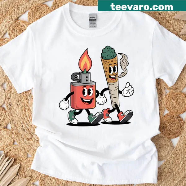 Retro T-shirt with lighter and joint design representing cannabis culture.