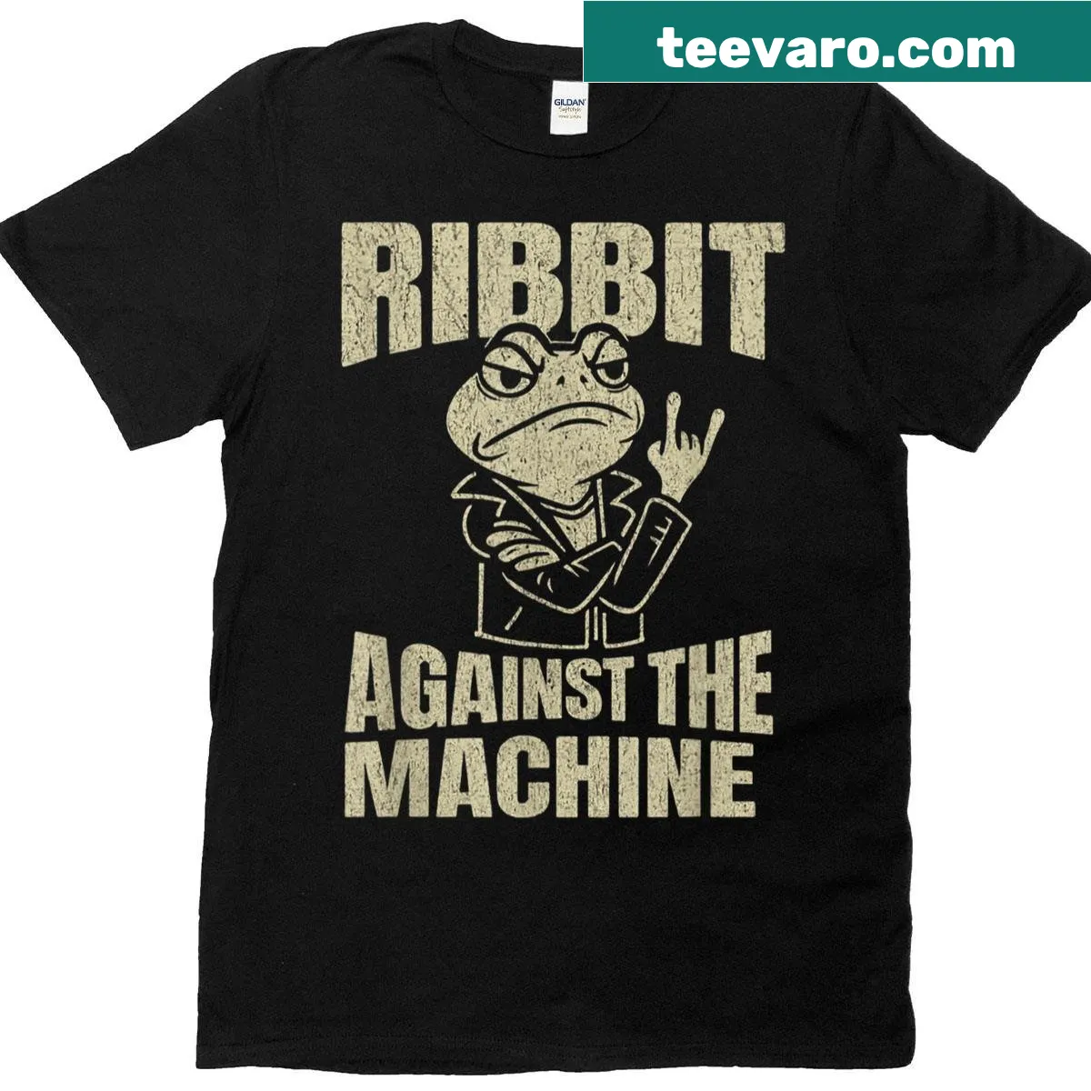 Humorous 'Ribbit Against The Machine' frog graphic T-shirt — on a men's t-shirt
