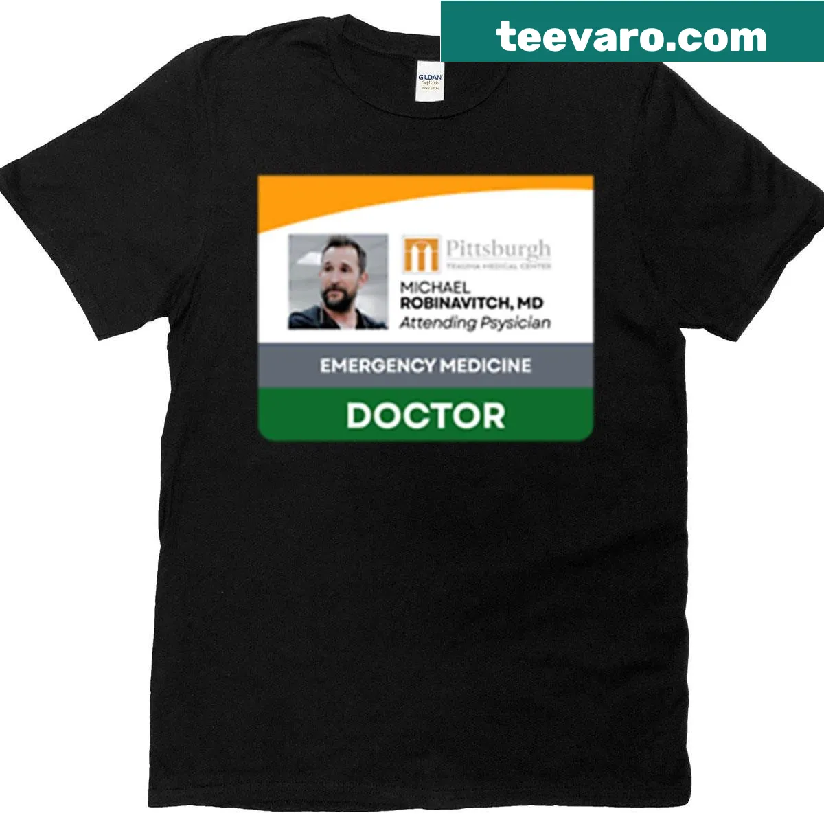 Badge-style t-shirt featuring 'Robby The Pitt' with a graphic — on a men's t-shirt
