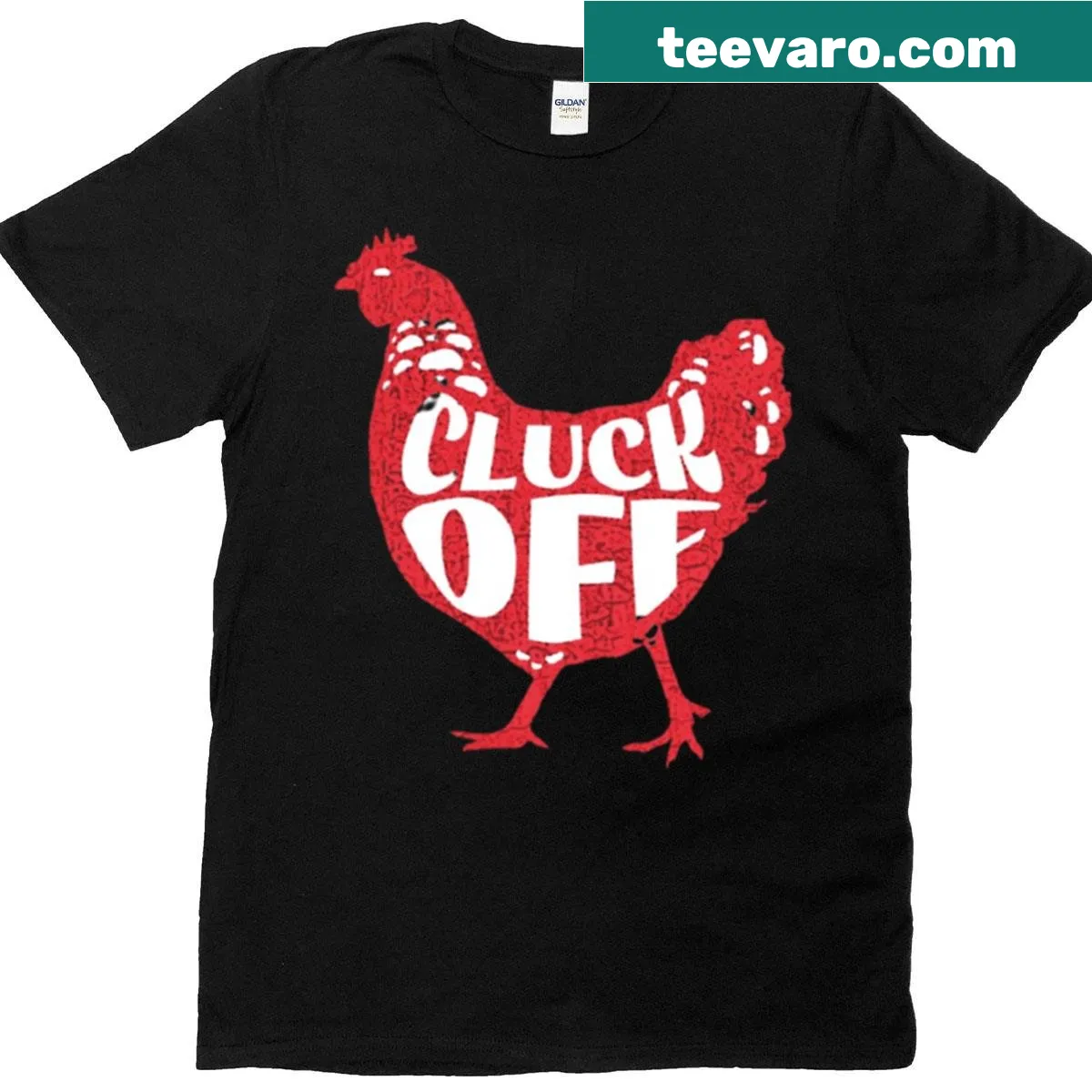 Funny oversized T-shirt with 'Cluck Off' chicken design — on a men's t-shirt