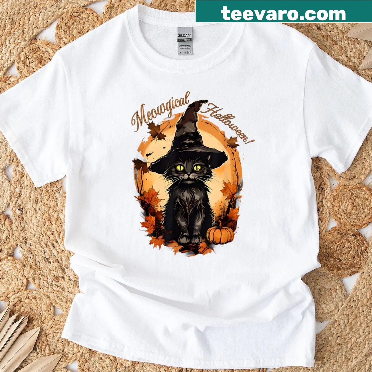 Vintage Halloween cat with witch hat and moon design — on a men's t-shirt