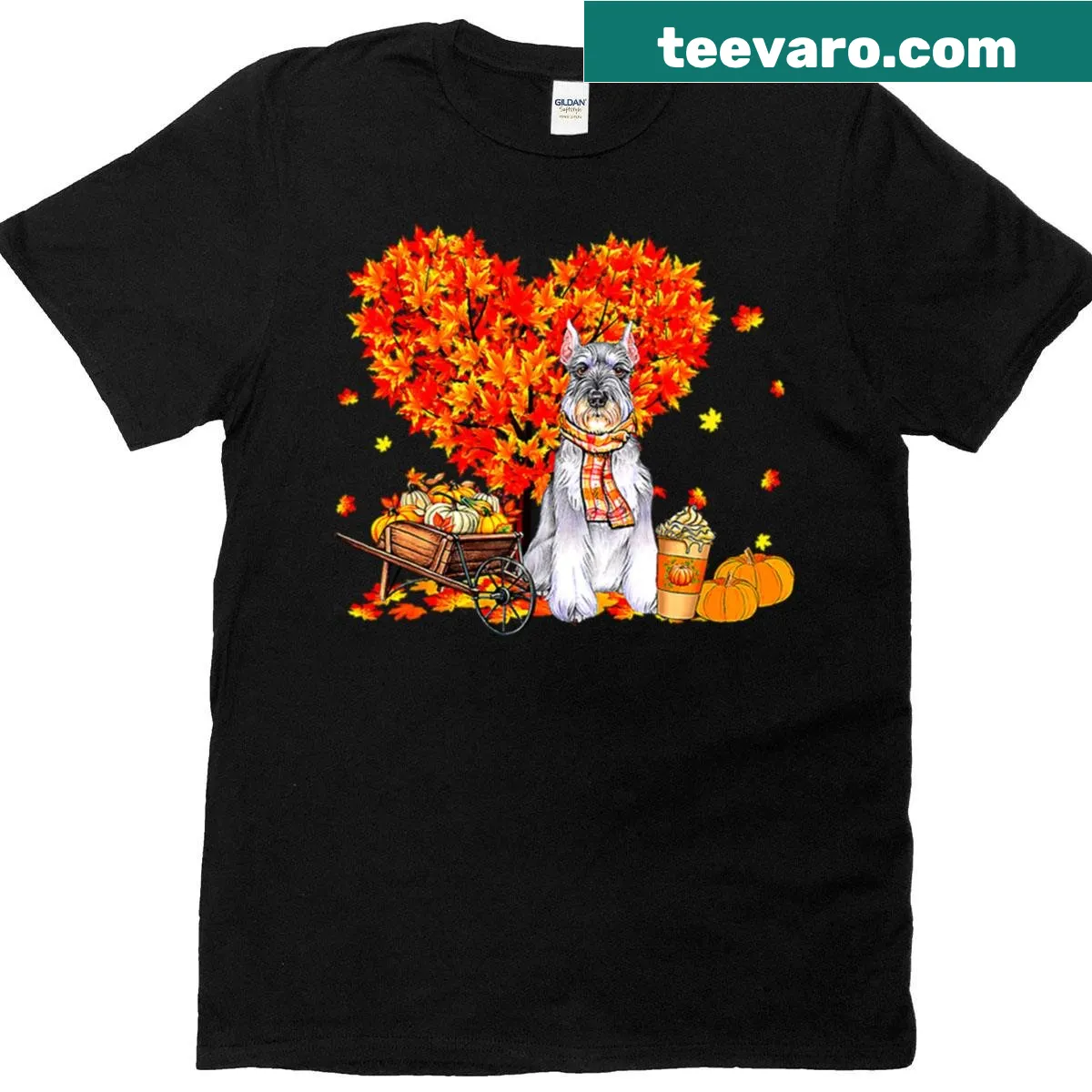 Schnauzer t-shirt with autumn leaves, pumpkins, and seasonal design — on a men's t-shirt