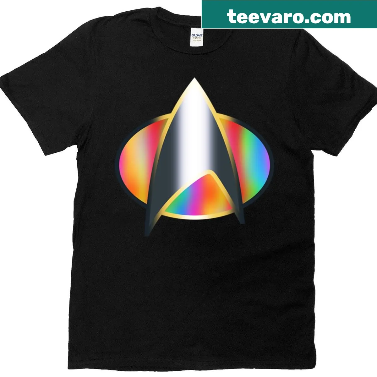 Pride rainbow badge emblem t-shirt for sci-fi fans — on a men's t-shirt