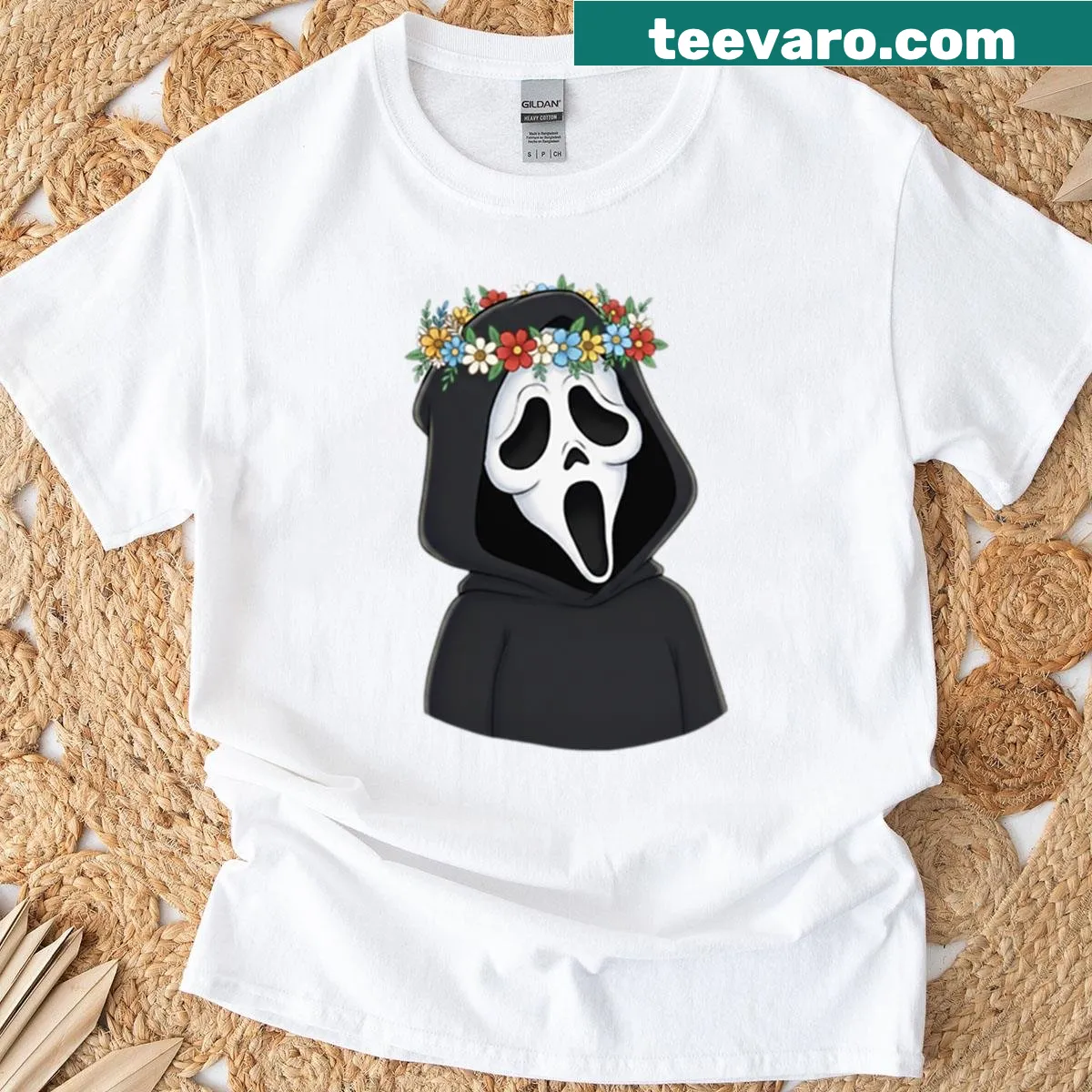 Oversized tee with Ghostface character and flower crown design — on a men's t-shirt
