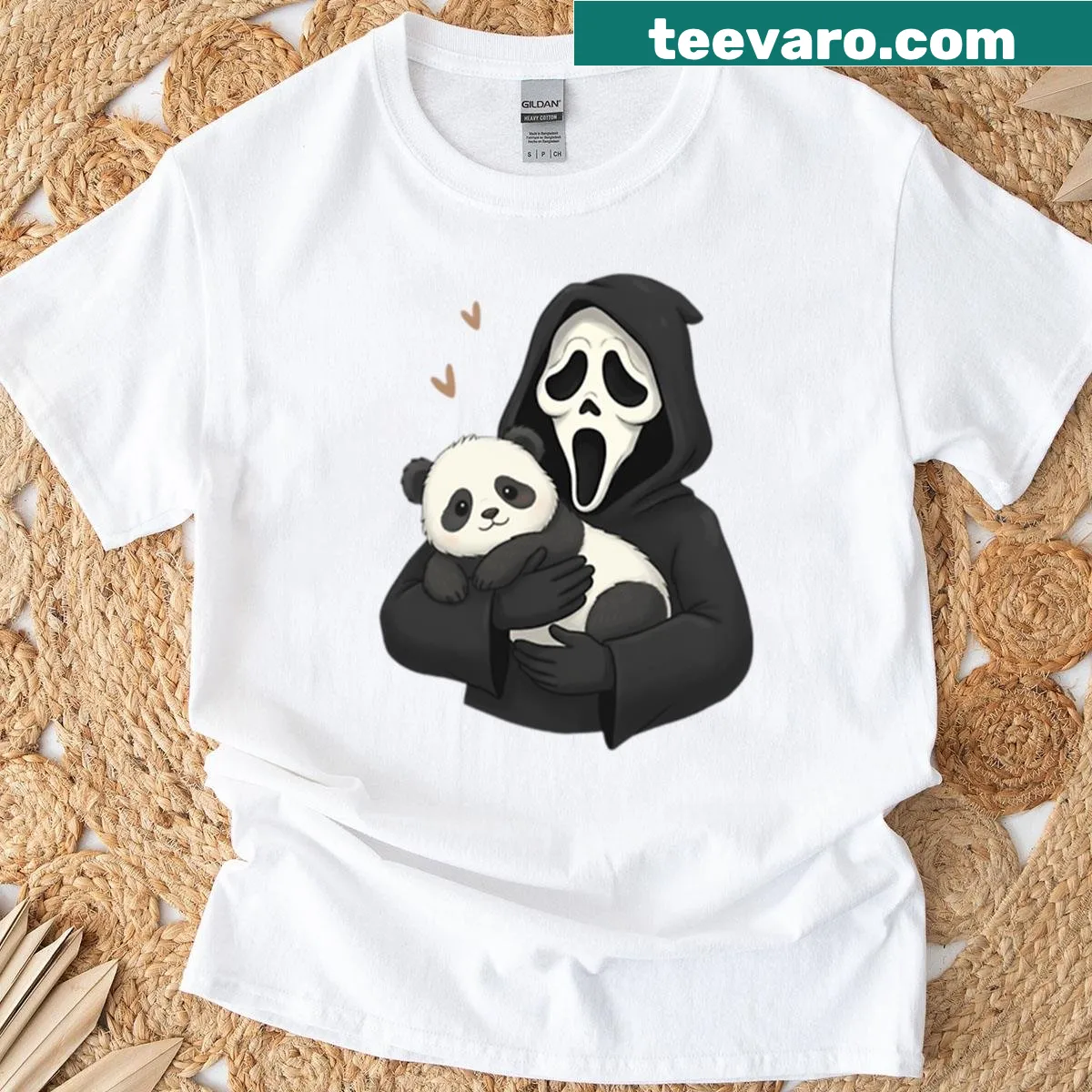 Cute parody of Ghostface with panda heart graphic T-shirt — on a men's t-shirt