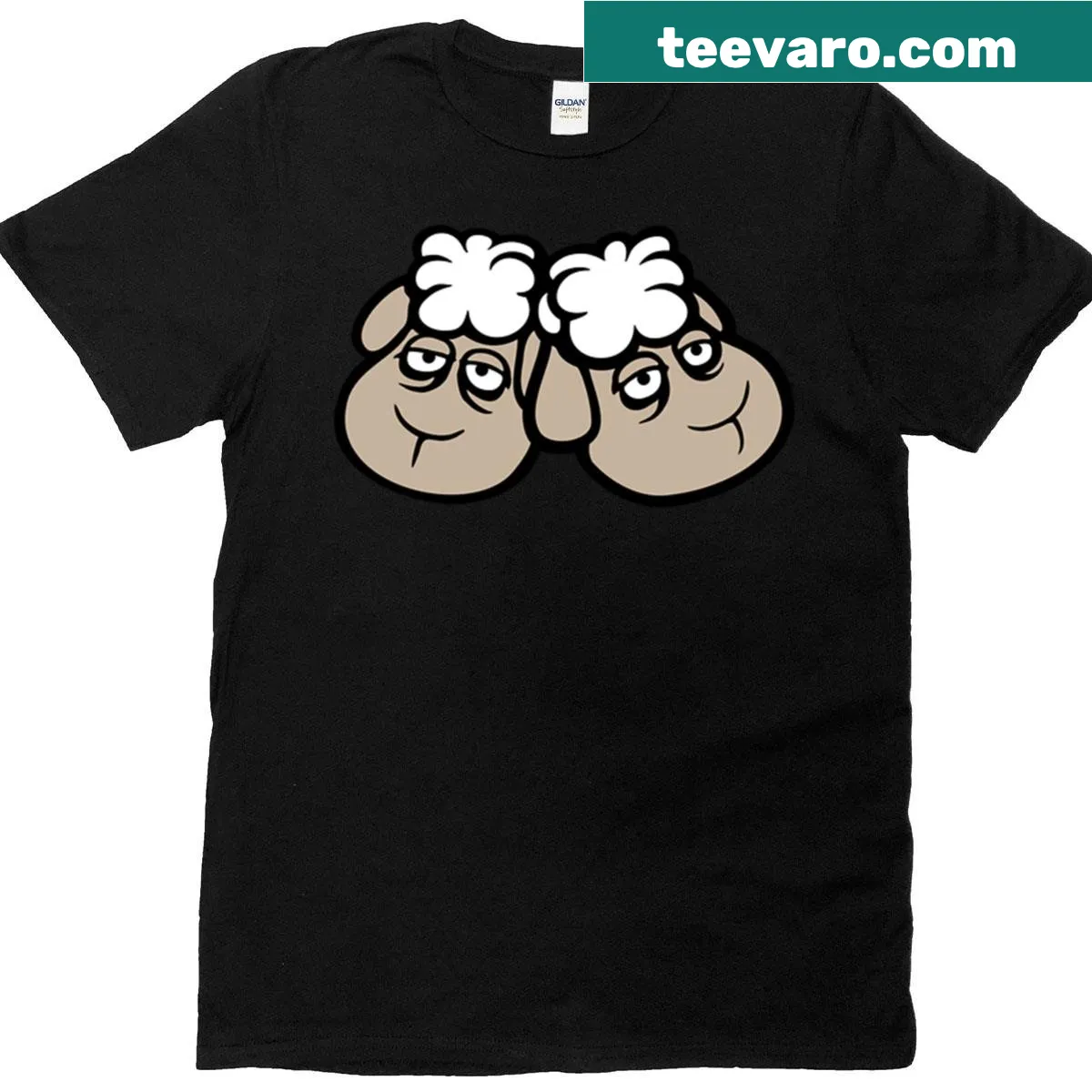 Adorable sheep couple T-shirt with tired expressions and a cozy theme — on a men's t-shirt