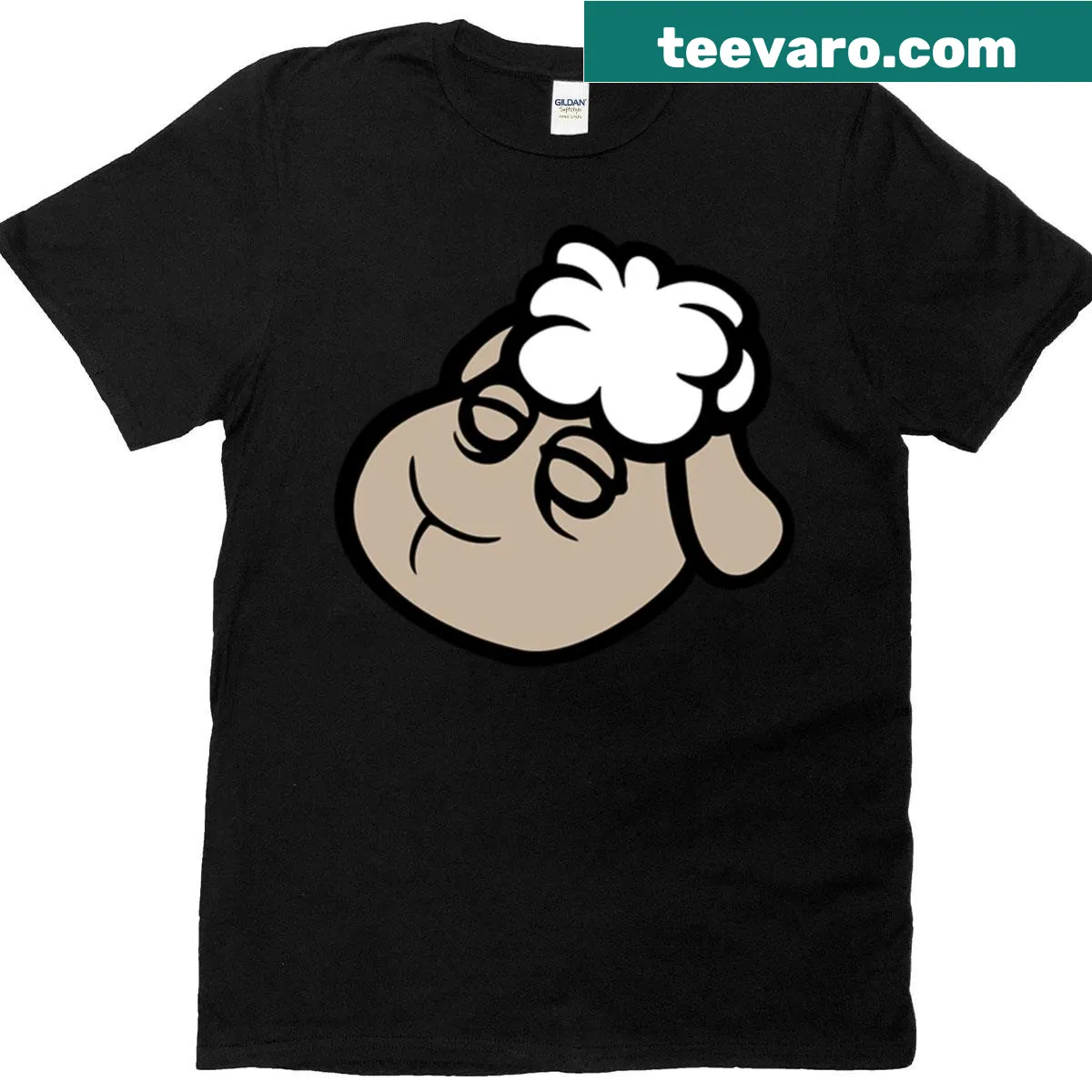 Cute sheep face T-shirt with a tired expression, perfect for cozy days — on a men's t-shirt