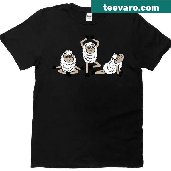 T-shirt featuring three tired sheep in yoga poses with humorous text