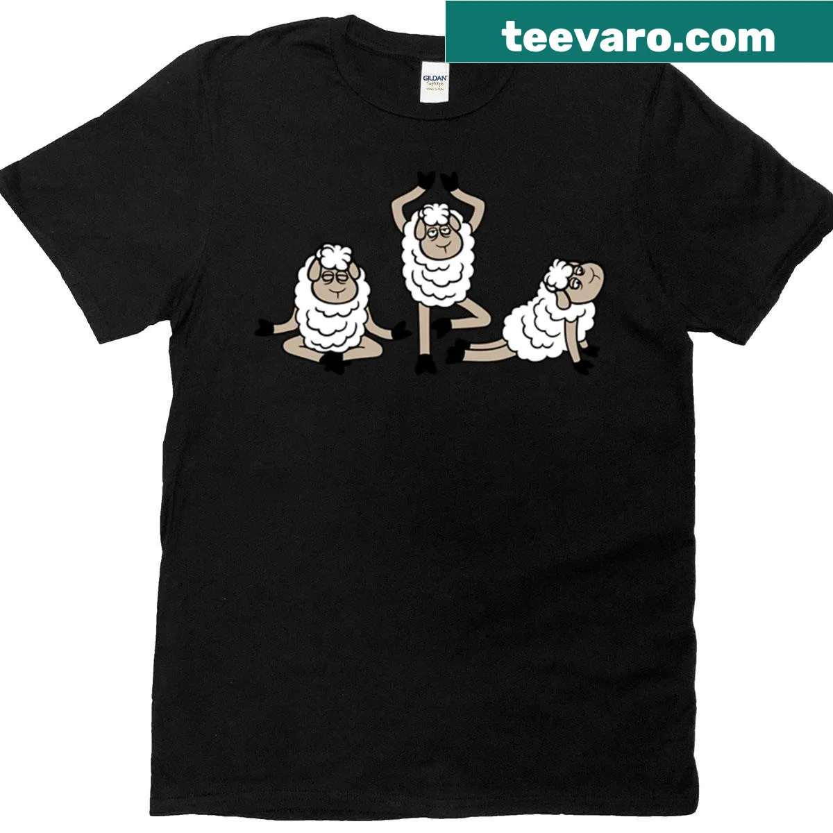 T-shirt featuring three tired sheep in yoga poses with humorous text — on a men's t-shirt