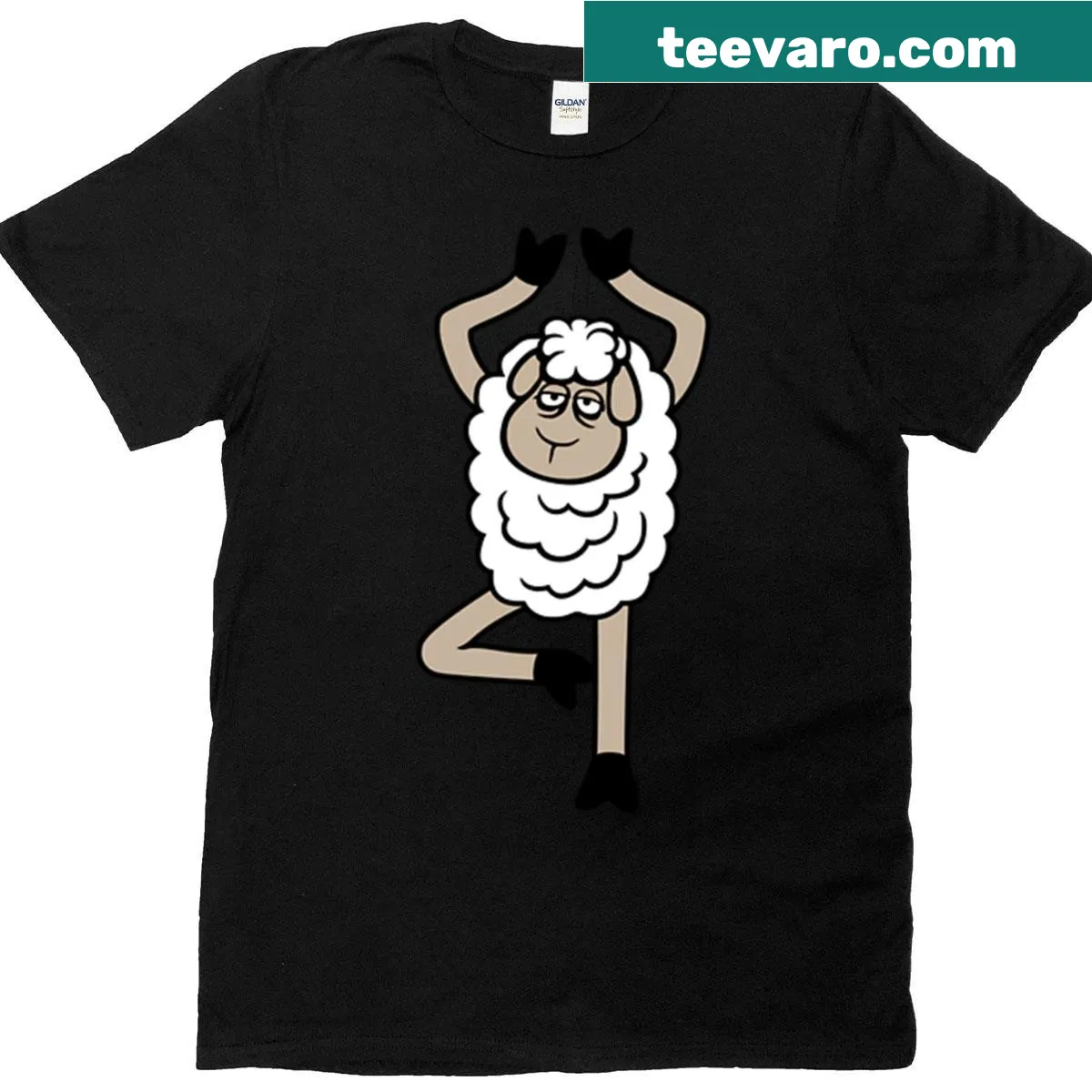Tired sheep in a yoga tree pose illustration T-shirt — on a men's t-shirt