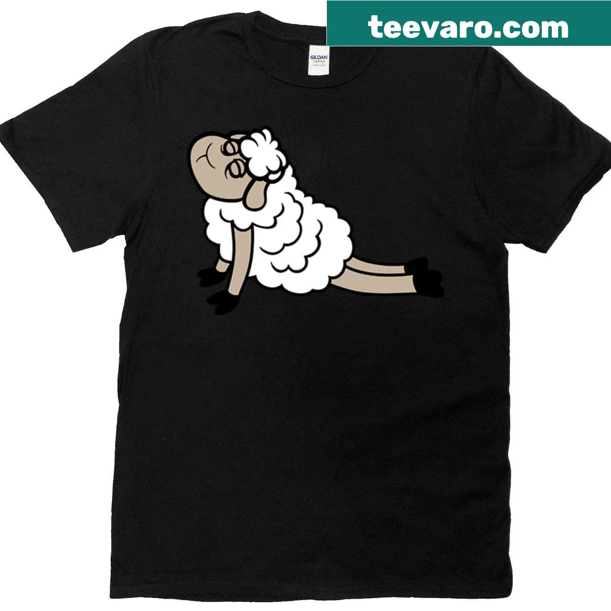 Cartoon sheep in Cobra pose on a whimsical yoga T-shirt — on a men's t-shirt