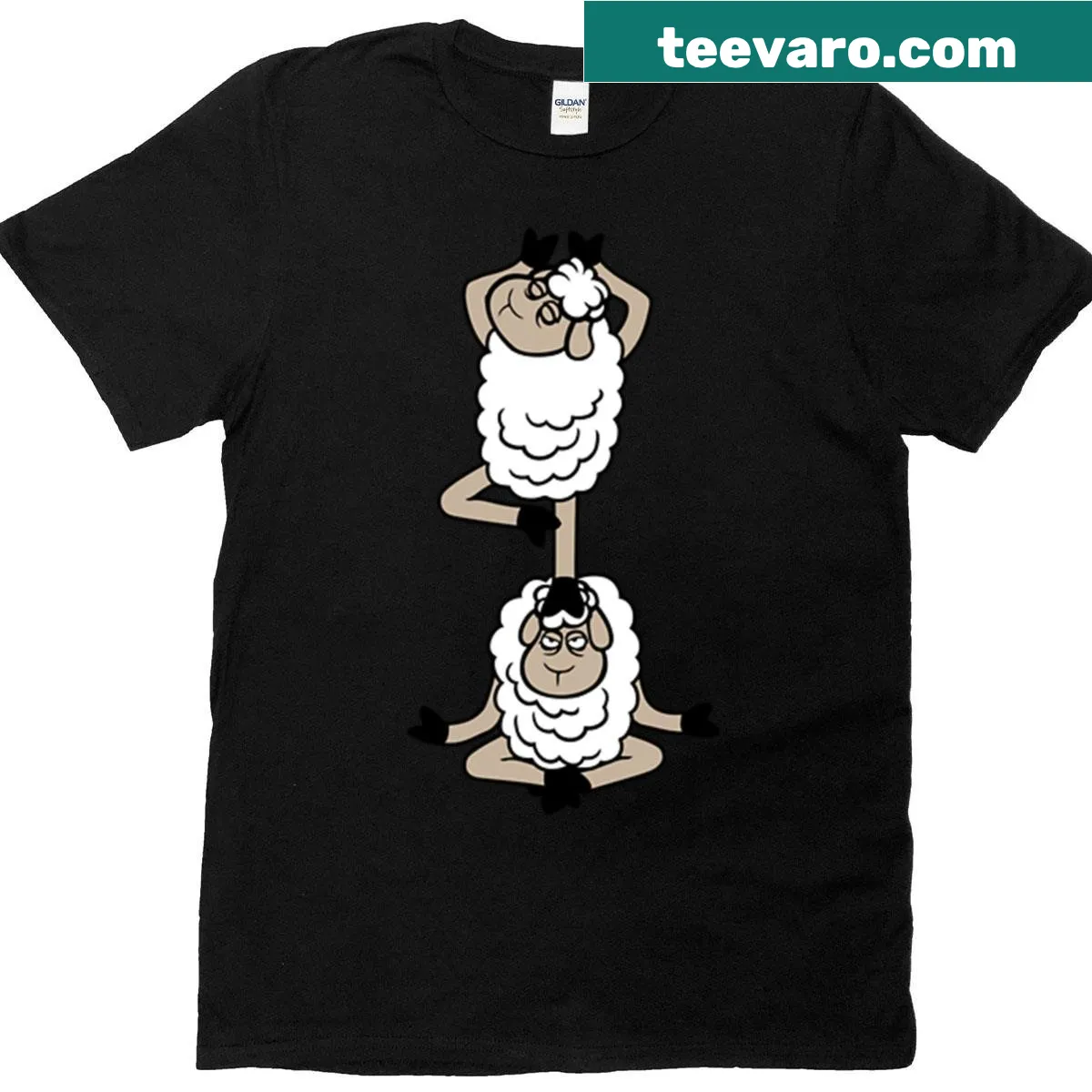 Illustrated t-shirt with sleepy stacked sheep in yoga poses — on a men's t-shirt