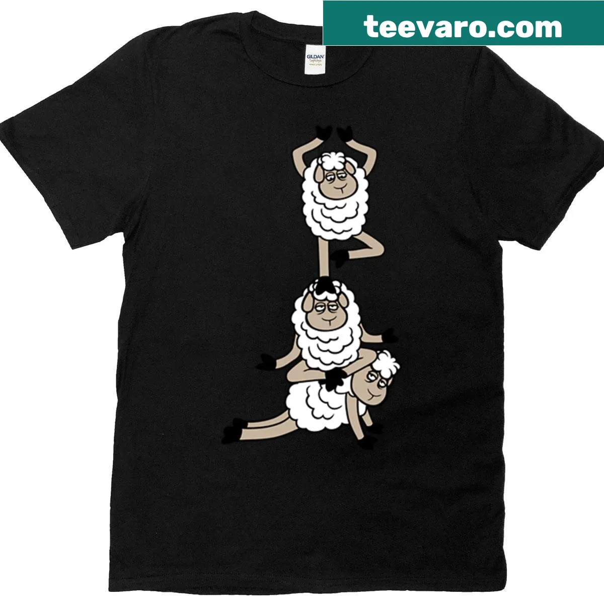 Stacked cartoon sheep in yoga poses on a humorous T-shirt — on a men's t-shirt