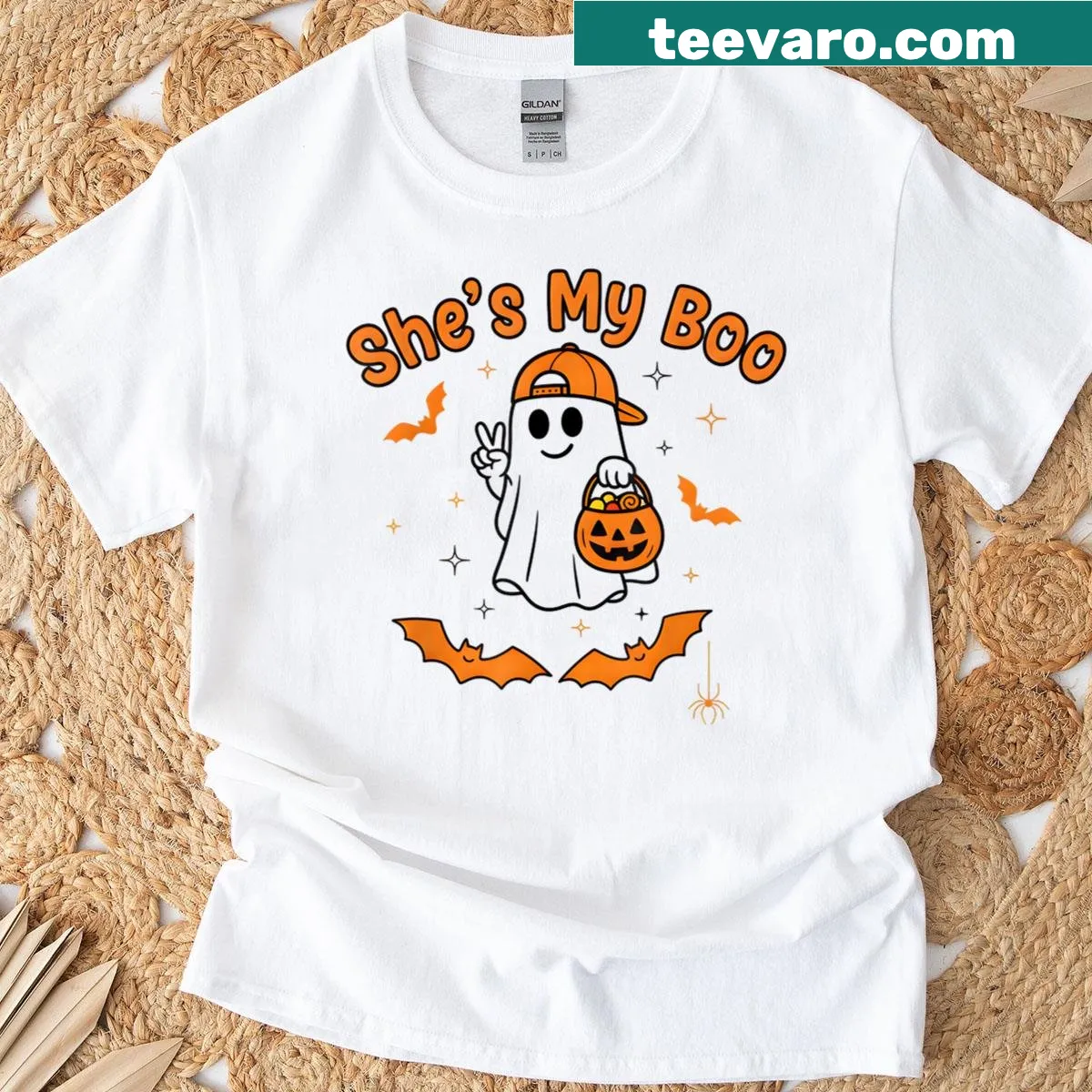Cute ghost graphic for couples Halloween costume — on a men's t-shirt
