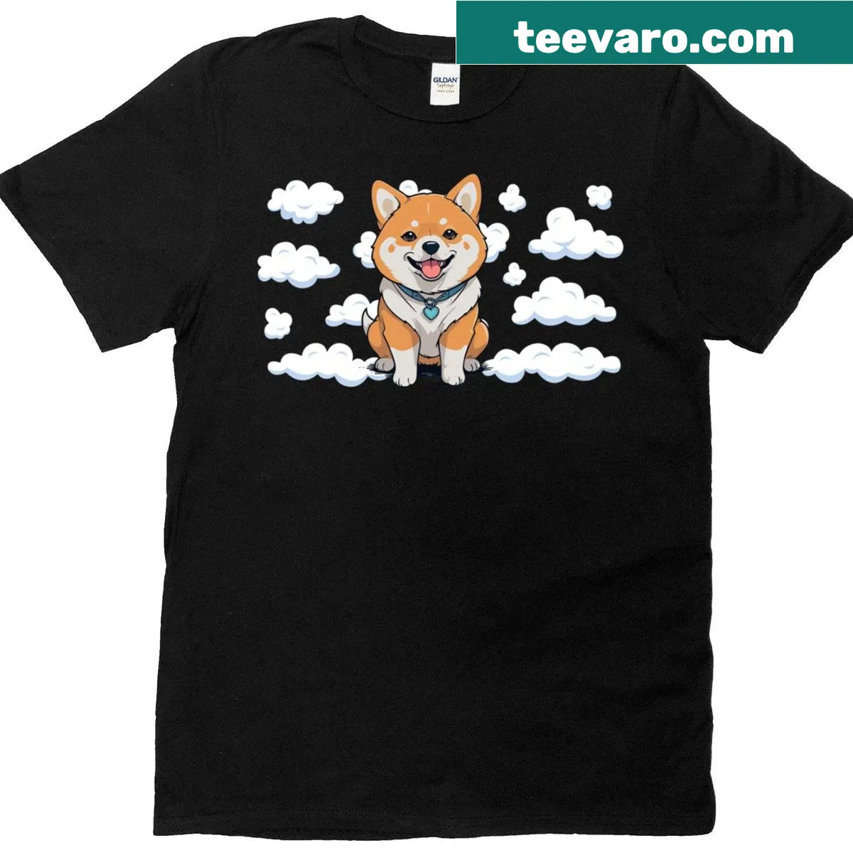 Cute t-shirt with Shiba Inu illustration in clouds and fluffy sky art — on a men's t-shirt
