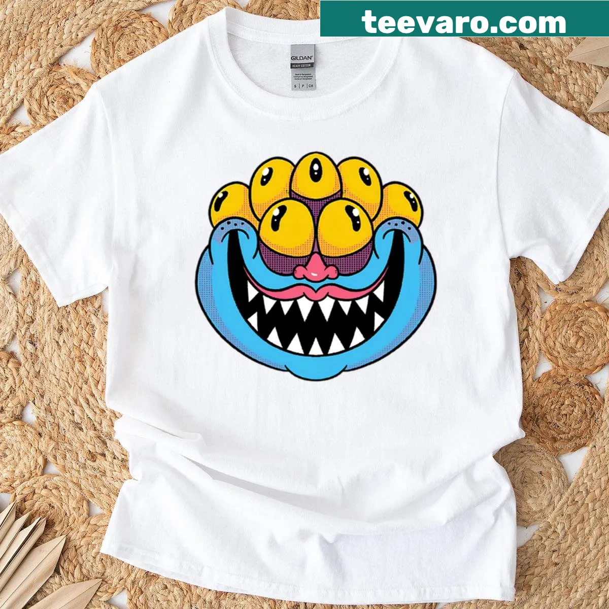 Weirdcore monster with six eyes graphic design — on a men's t-shirt