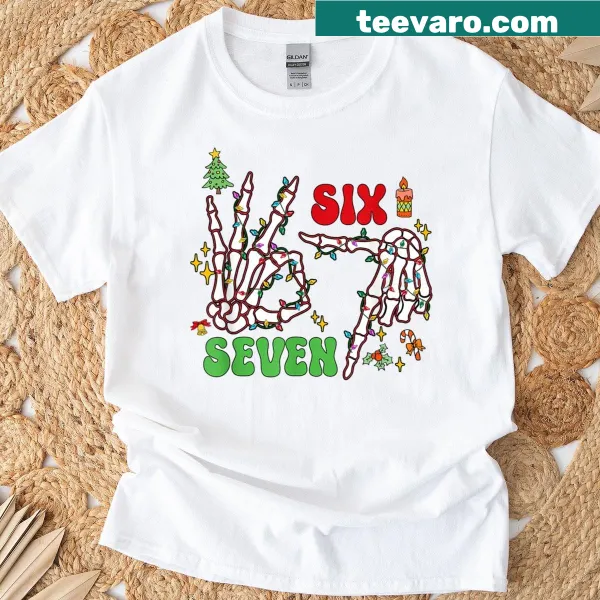 Christmas-themed T-shirt with skeleton hands and lights illustration