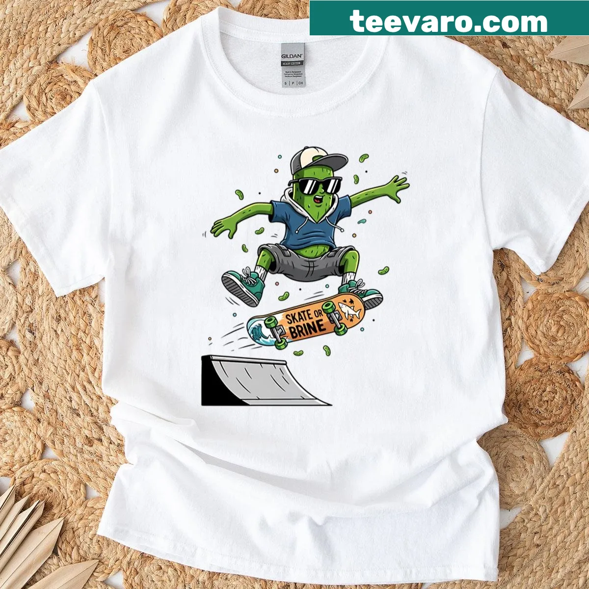 Funny pickle on skateboard graphic design — on a men's t-shirt