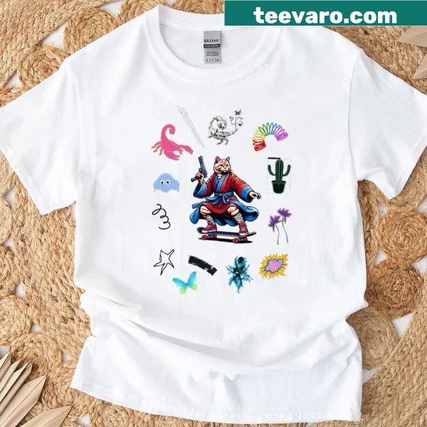 Cartoon cat on skateboard with fun stickers on t-shirt
