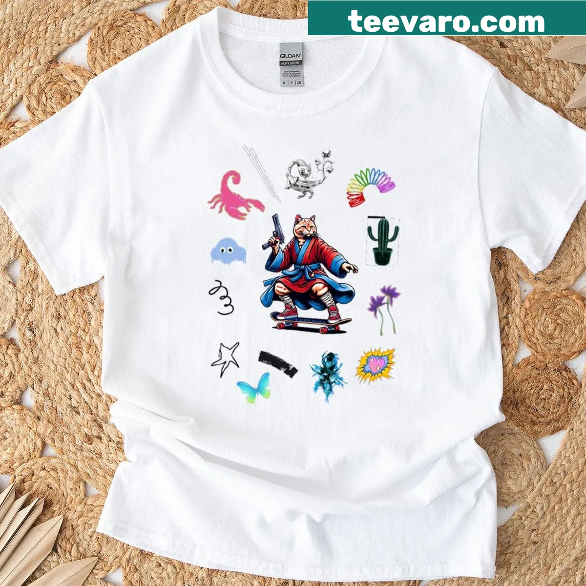 Cartoon cat on skateboard with fun stickers on t-shirt — on a men's t-shirt