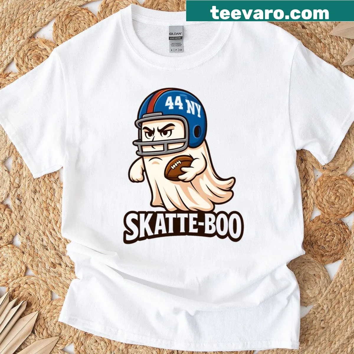 Funny football ghost Halloween t-shirt with NY helmet — on a men's t-shirt