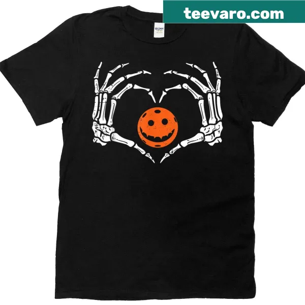 Skeleton hands forming a heart on a spooky pickleball t-shirt