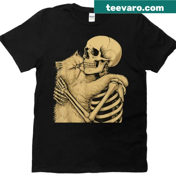 Skeleton hugging a Persian cat in a Halloween-themed design
