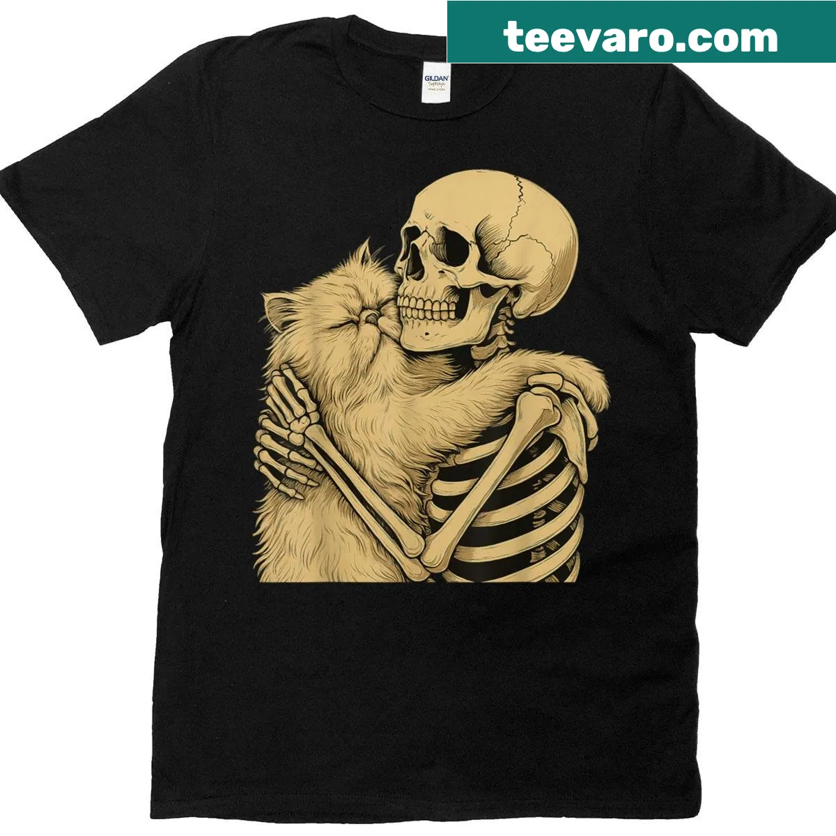 Skeleton hugging a Persian cat in a Halloween-themed design — on a men's t-shirt