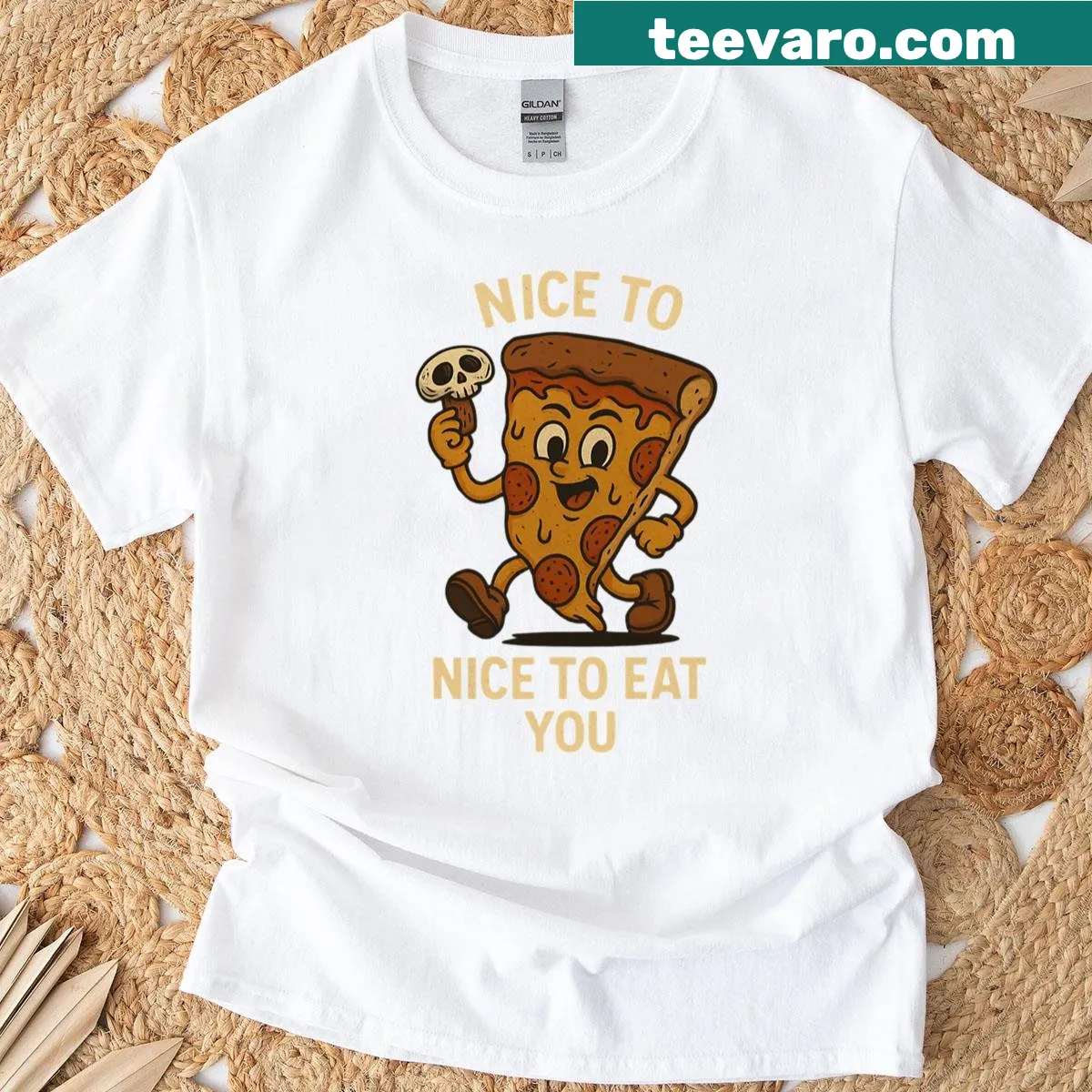 Skull pizza slice graphic on T-shirt — on a men's t-shirt