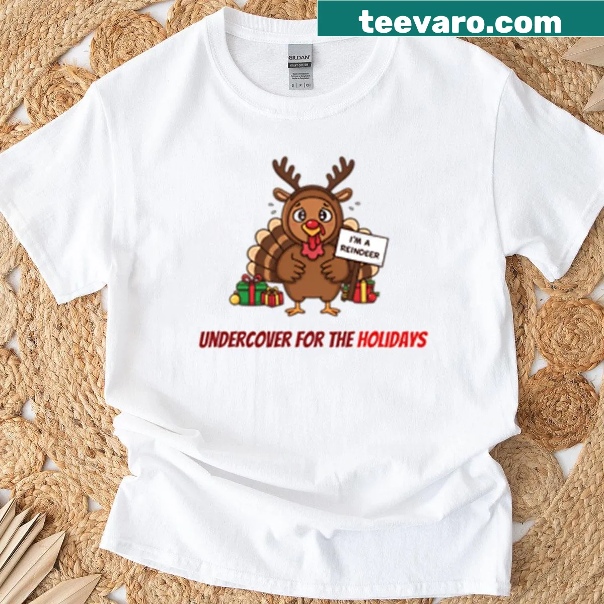 Sneaky Christmas turkey in disguise graphic on a humorous T-shirt — on a men's t-shirt