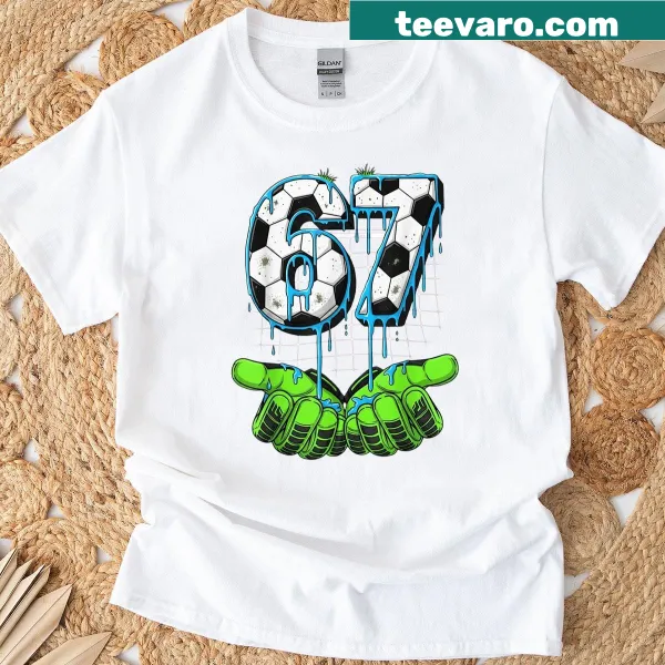 Funny soccer graphic with number 67 on T-shirt