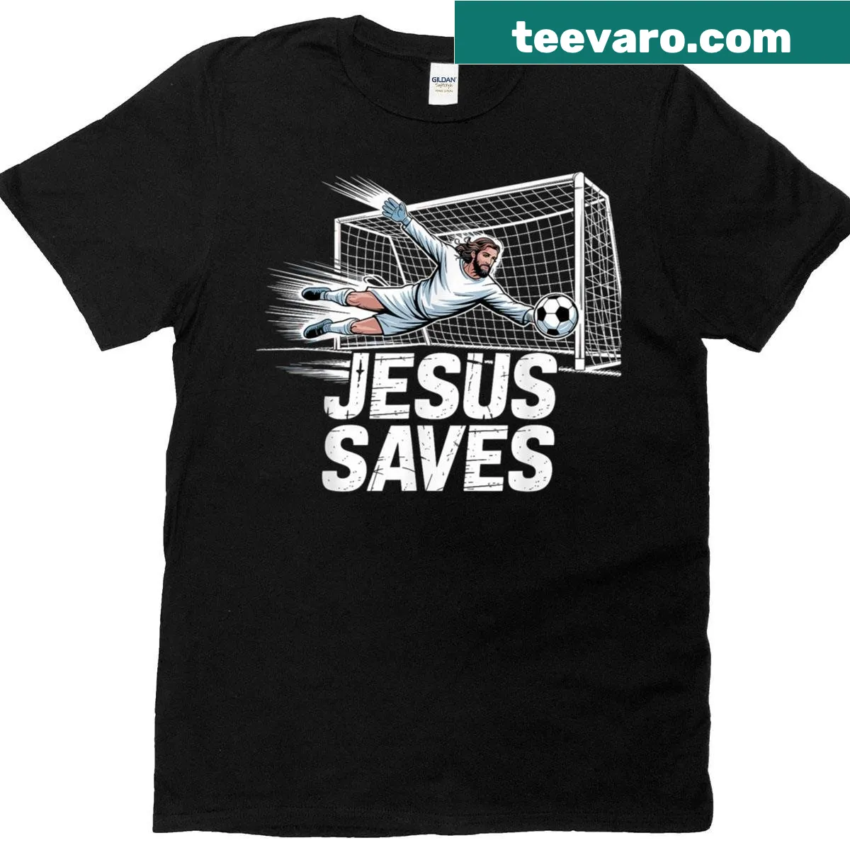 Inspirational t-shirt for soccer goalies featuring 'Jesus Saves' text. — on a men's t-shirt