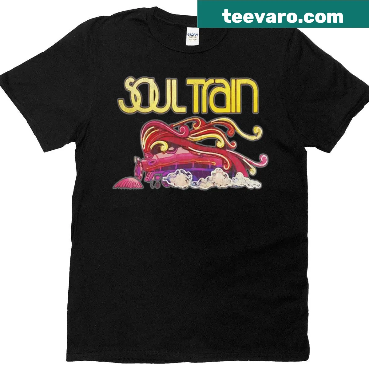 T-shirt featuring a bold graphic design celebrating Soul Train — on a men's t-shirt