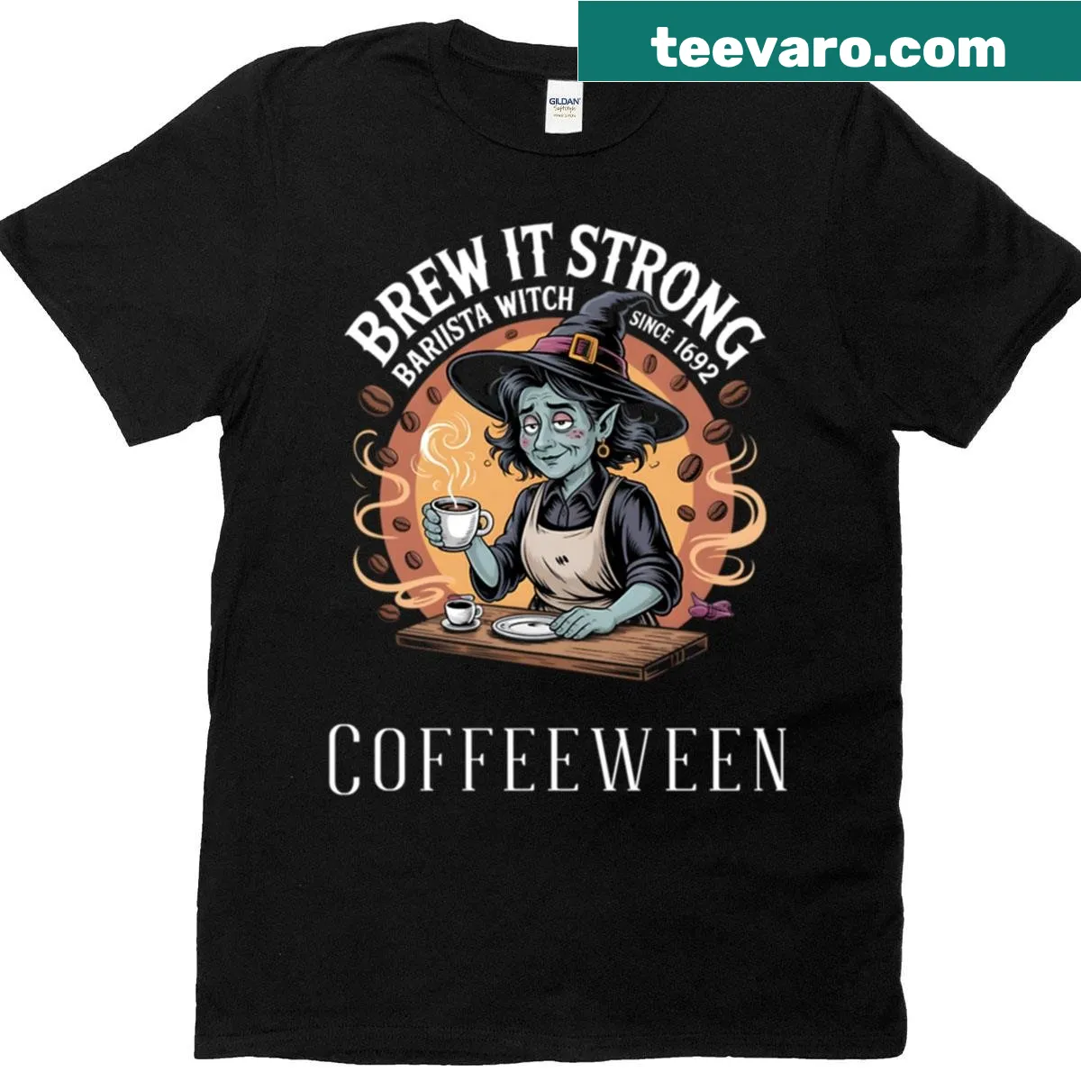 Funny Halloween T-shirt with a barista witch graphic — on a men's t-shirt