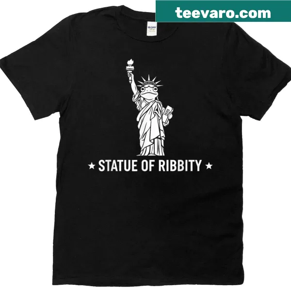 Funny frog pun t-shirt with 'Statue of Ribbity' text