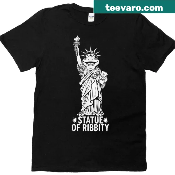 Funny t-shirt featuring 'Statue Of Ribbity' slogan with frog theme