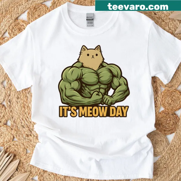 Whimsical workout T-shirt featuring a strong cat illustration