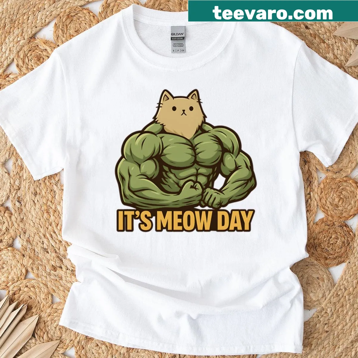 Whimsical workout T-shirt featuring a strong cat illustration — on a men's t-shirt