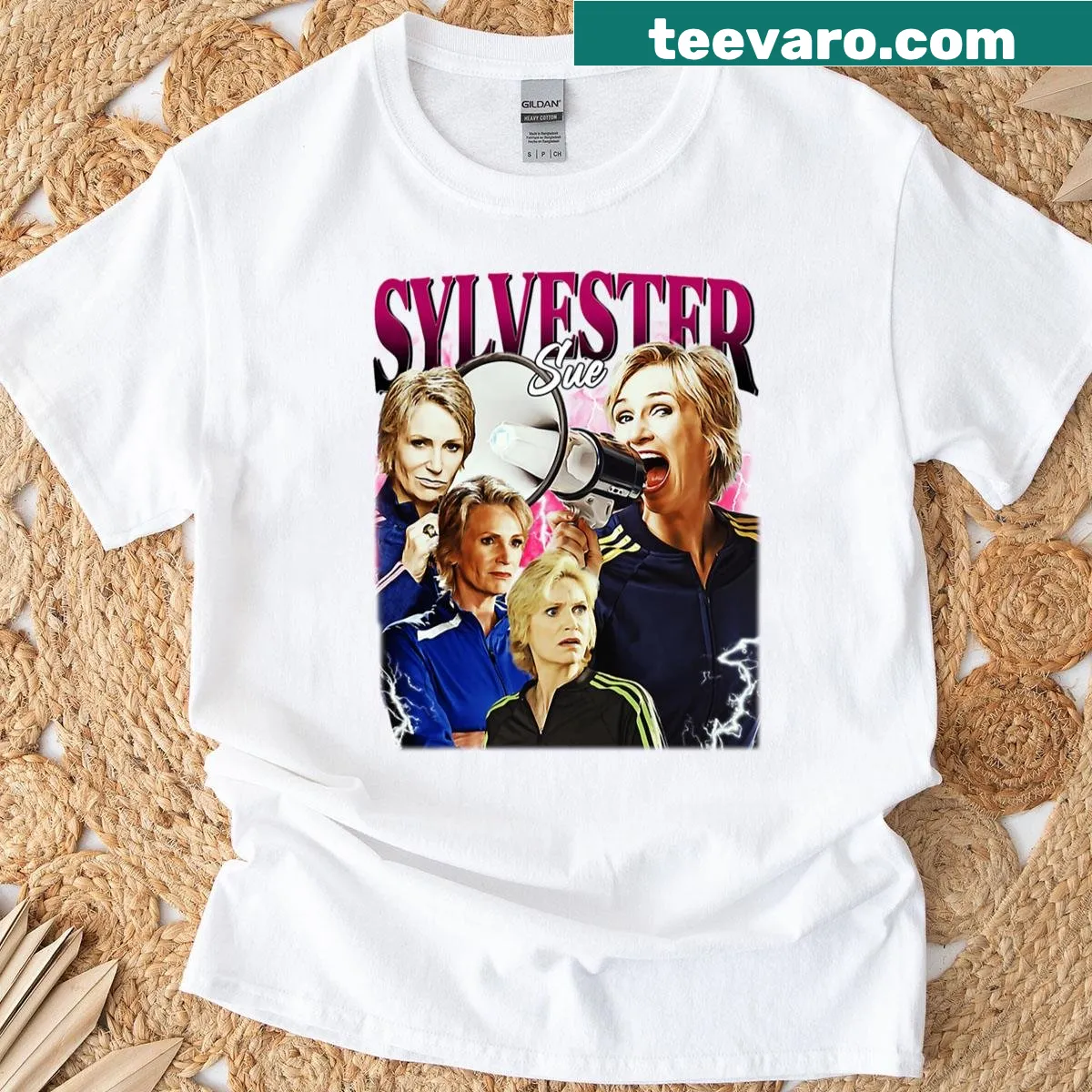 Cartoon-style T-shirt inspired by Sue Sylvester — on a men's t-shirt