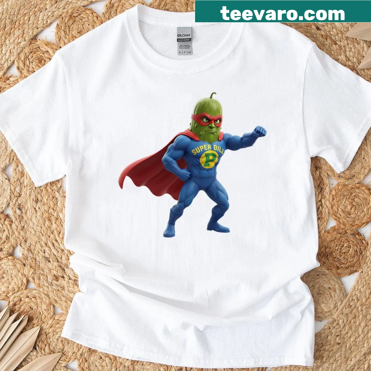 Illustration of Super Dill character on oversized T-shirt — on a men's t-shirt