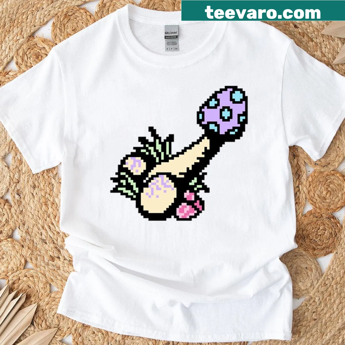T-shirt featuring a quirky mushroom graphic with a playful design — on a men's t-shirt